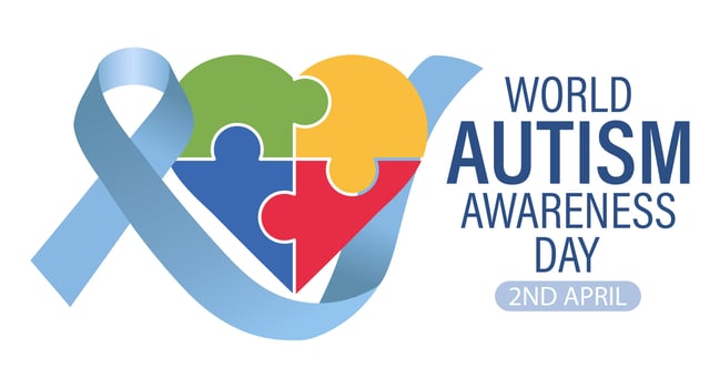 World Autism Awareness Day banner. Blue awareness ribbon and colorful heart puzzle. Poster, vector