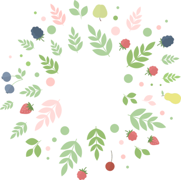 Round frame of berries and fruits and green pink leaves and twigs in flat png