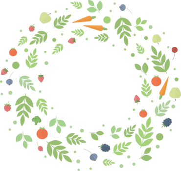 Round frame of berries, fruits and vegetables, green leaves and twigs in flat png
