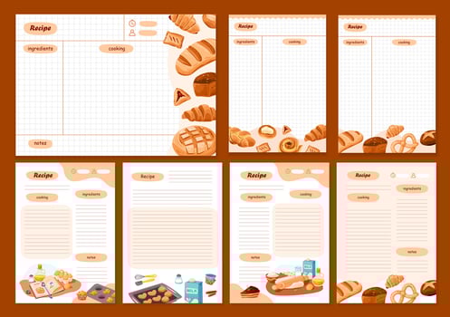 Recipe cards and meal planner. Template cookbook sheets for recipe, notes on cooking and ingredients. Vector cartoon illustration