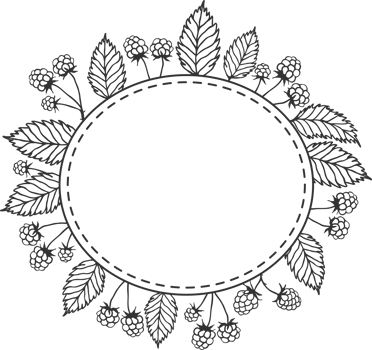 Raspberry sprigs rounded frame - berries and leaves, sketch illustration drawing with black outline png
