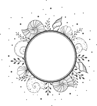 Round frame with seashells, seaweed plants and sand or sea bubbles, sketch illustration png