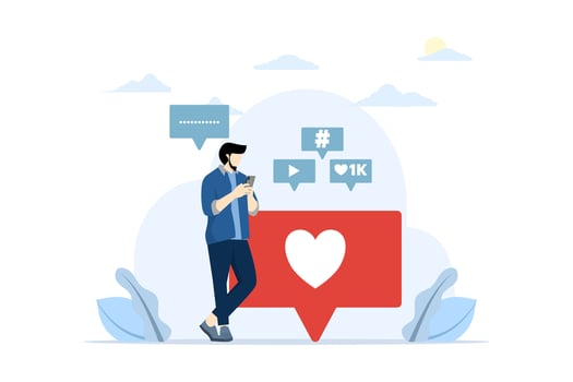 Digital marketing concept. Increasing your social media followers with successful marketing strategies, people liking and reacting to social media profiles, flat vector illustration.