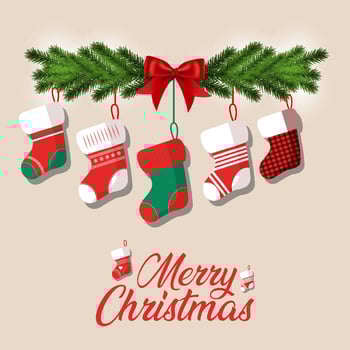 Happy merry stockings card background with christmas stockings hanging on christmas tinsel vector