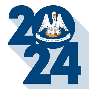 2024 long shadow banner with Louisiana state flag inside. Vector illustration.
