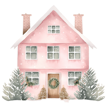 AI generated Cozy Christmas Pink House Clipart in Watercolor, Generative Ai png