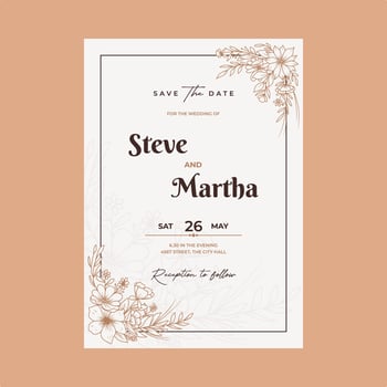 Floral wedding invitation card with hand drawn outline botanical frame vector