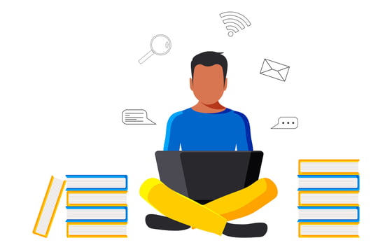 A guy student sits with a laptop on books. Online education concept. Freelancer working remotely. Vector. vector