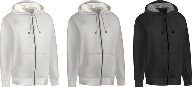 Blank gray, black mens hoodie sweatshirt long sleeve. Male hoody with hood front view. Vector template sport winter clothes for design mockup, print, isolated on white background