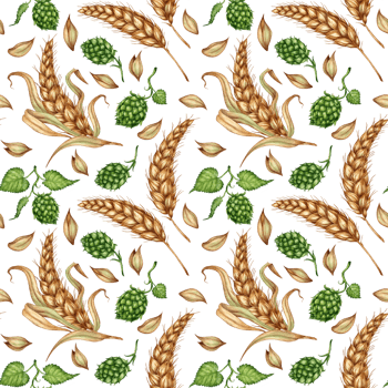Watercolor illustration of a pattern of ripe ears of wheat, dried stalks, grains and a branch of fresh green hops isolated. Element for design, advertising, beer festival png