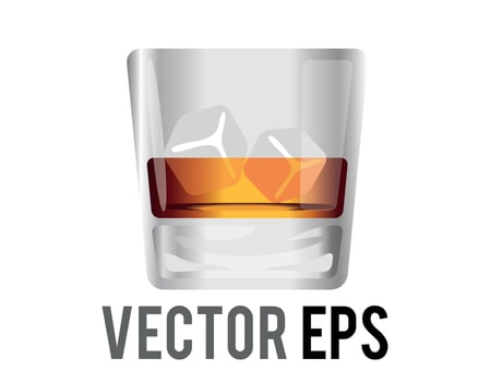 Vector short flat tumbler glass of brown liquor Scotch whisky icon with ice cube