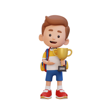 3D kid character celebrating win holding a trophy png