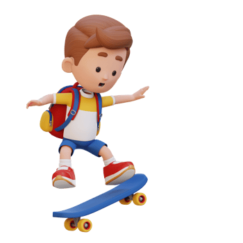 3D kid character ride skateboard png