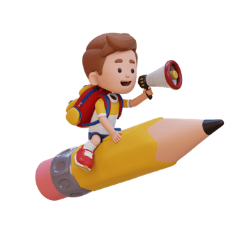 3D kid character riding a pencil and holding megaphone png