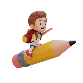 3D kid character riding a pencil and pointing hand png