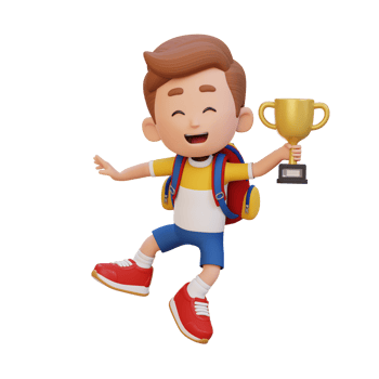 3D kid character celebrating win holding a trophy png