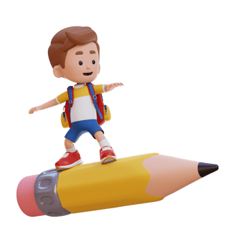 3D kid character standing riding a pencil png