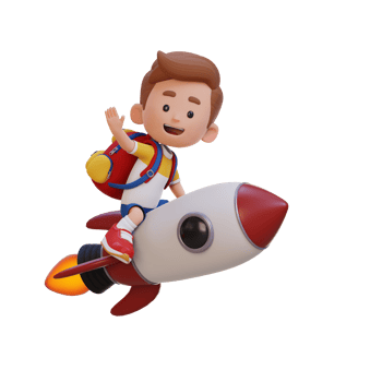 3D kid character riding a rocket and waving hand png