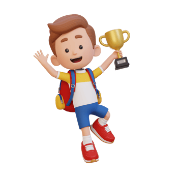 3D kid character celebrating win holding a trophy png