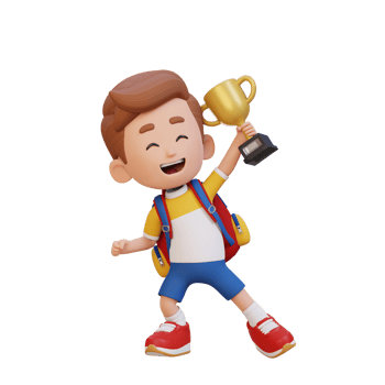 3D kid character celebrating win holding a trophy png
