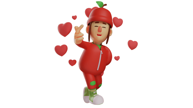3D illustration. Romantic Fruit Girl 3D Cartoon Character. Fruit girl shows the symbol of love using her finger. Girl in fruit costume surrounded by love symbols. 3D cartoon character png
