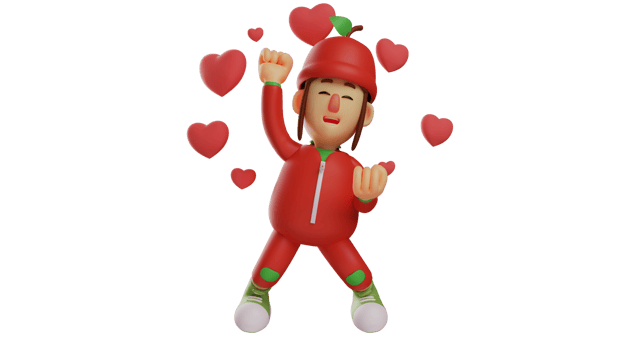 3D illustration. Fruit Girl 3D Cartoon Character. The fruit girl is very excited. The excited girl clenched her fists and showed a happy expression. Student wears a fruit costume. 3D cartoon character png