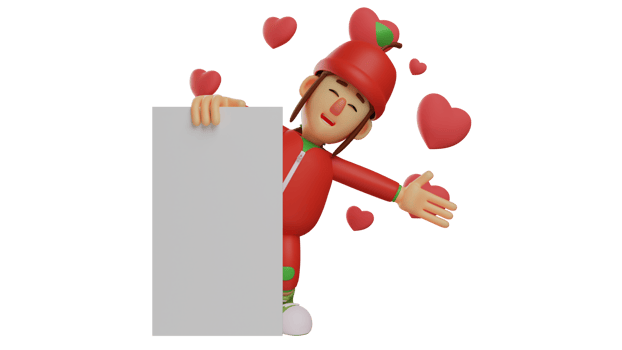 3D illustration. Excited Schoolgirl 3D Cartoon Character. Student who start studying. Fruit girl standing behind white chalkboard stretching her arms and smiling happily. 3D cartoon character png
