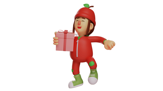 3D illustration. Adorable Fruit Girl 3D Cartoon Character. Little girl steps into birthday party. Cute fruit girl carrying a box of gifts to give to her friend. 3D cartoon character png