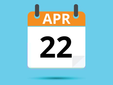 22 April. Flat icon calendar isolated on blue background. Vector illustration.