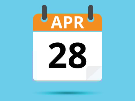 28 April. Flat icon calendar isolated on blue background. Vector illustration.