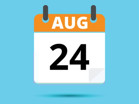 24 August. Flat icon calendar isolated on blue background. Vector illustration.