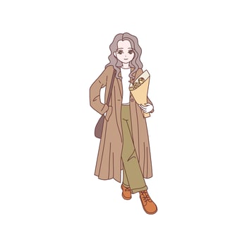 Girl in trendy outfit walking outdoor. vector