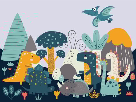 Set of cute baby jurassic dinosaurs, egg, leaf, volcano. Childish prehistoric dino paleontology. Brontosaurus and velociraptor, triceratops and tirex, tyrannosaurus and pterodactylus. Cartoon vector. vector