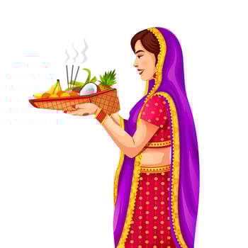 Happy chhath puja festival holiday card background. Woman from Bihar offer prayers to the sun vector