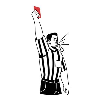 Soccer Referee Blows Whistle and Shows Red Card Vector Cartoon Illustration