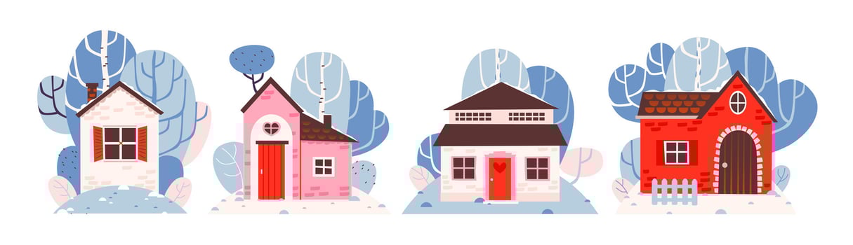 Cozy winter houses collection. A house on the background of a winter landscape. Cartoon vector illustration.