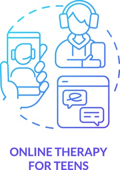 2D online therapy for teens thin line gradient icon concept, isolated vector, blue illustration representing online therapy. vector