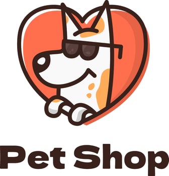 Pet shop filled outline colorful logo. Animal care. Whimsical dog in sunglasses. Heart symbol. Design element. Visual identity. Vector graphic. Perfect for corporate branding, grooming salon