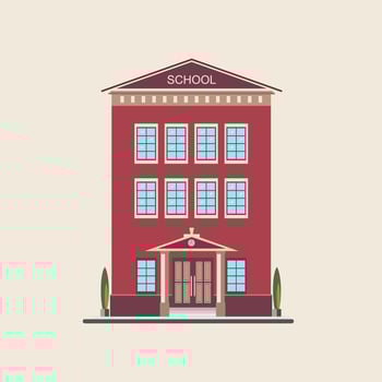 Classic low-rise school building front view. Colorful flat vector illustration.