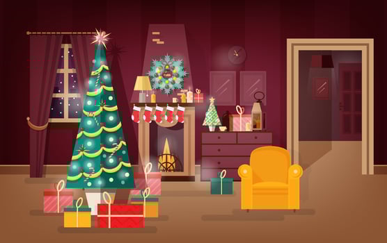 Decorated winter holidays living-room illustrating new year present under christmas tree. Colorful vector illustration.