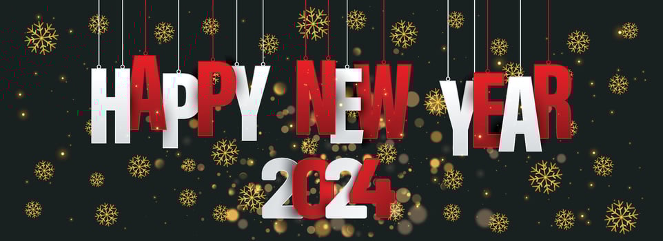 2024 Happy New Year illustration with typography lettering and Christmas ball on dark background. Holiday design for flyer, greeting card, banner, celebration poster, party invitation or calendar. vector