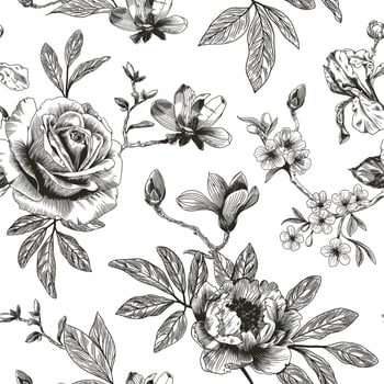 Abstract modern floral seamless pattern with hand drawn flower in Toile de jouy style. Retro elegance repeat print. Vintage design for fabric, wallpaper or wrapping vector