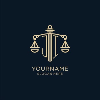Initial JI logo with shield and scales of justice, luxury and modern law firm logo design vector