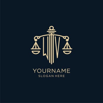 Initial WV logo with shield and scales of justice, luxury and modern law firm logo design vector