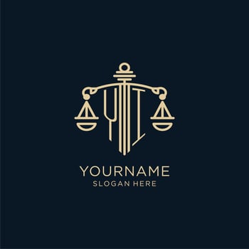 Initial YI logo with shield and scales of justice, luxury and modern law firm logo design vector