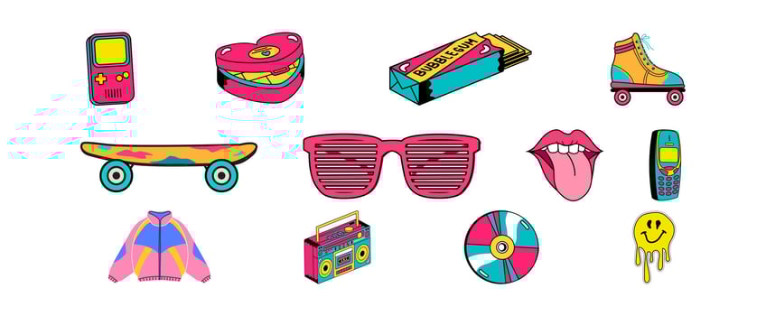90's Pop Culture Sticker Cartoon Stuffs Objects with Cute Illustration vector
