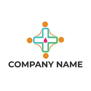 The logo with a plus sign and blood drops as a symbol of the medical world and humans joining hands means medical personnel working together to heal patients vector