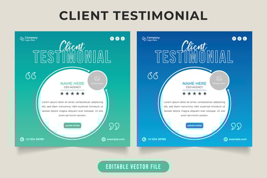 Customer service feedback testimonial layout vector with green and blue colors. Client experience comments and quotes template with photo placeholders. Business client review testimonial design.