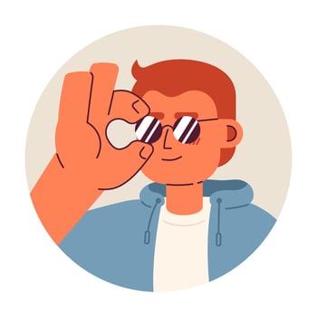 Caucasian cool dude adjusting sunglasses 2D vector avatar illustration. Stylish european chill guy cartoon character face portrait. Fashion statement flat color user profile image isolated on white