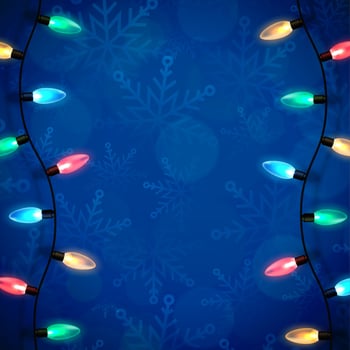 Christmas blue backdrop with lights garland over winter themed pattern with snowflakes and blurred bokeh lights. Festive design element for xmas holiday poster, banner, card or social media posting vector